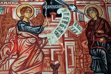 Fresco Bizantino del Siglo XV La Anunciación a la Santísima Virgen María Pintura Mural Iglesia del Arcángel Miguel en Pedoulas, Chipre Iglesias Pintadas Sitio UNESCO Troodos, Chipre